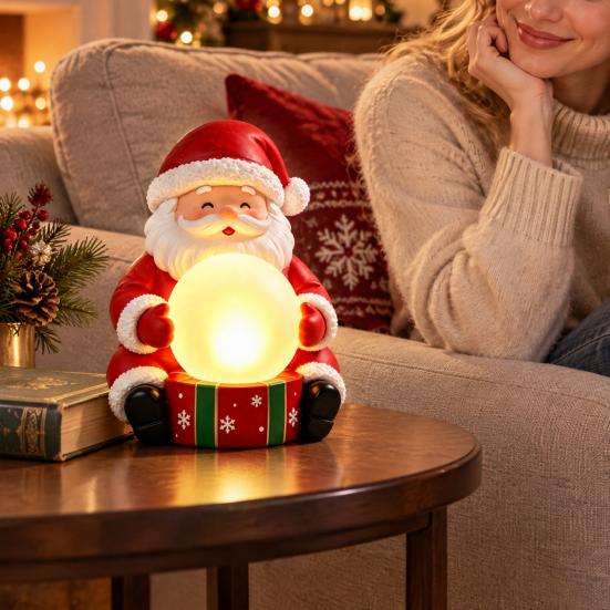 Christmas Craft for Shop Window Light Up Santa Claus Figurine, Statue Holding Glowing Crystal Ball, Warm Decorative Night Light, Tabletop Ornament