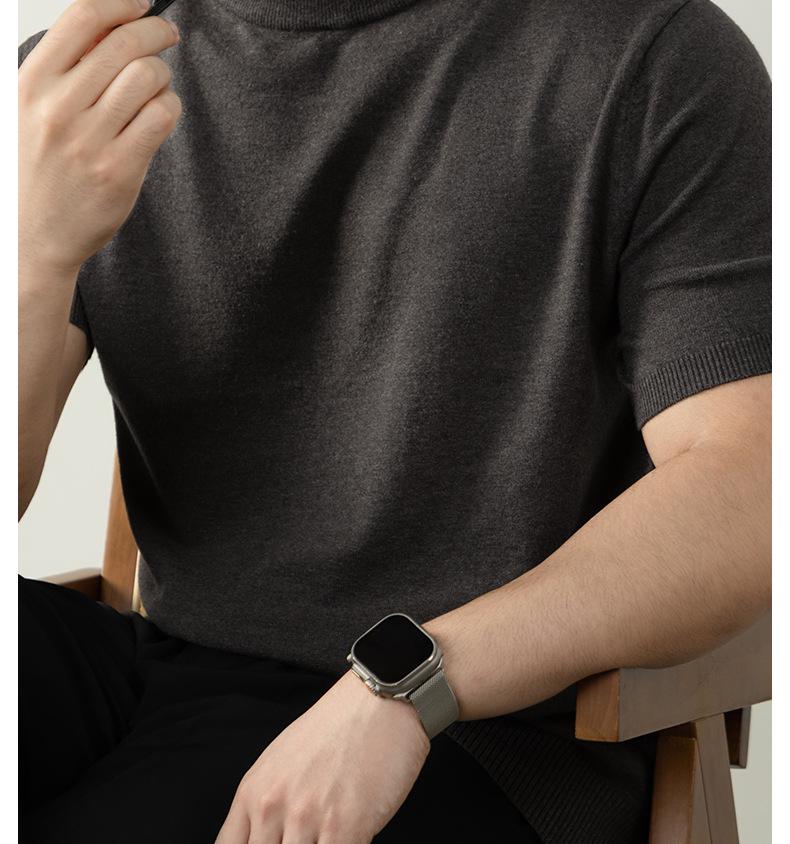 Итальянская легкая роскошь Мужская шерстяная короткорукавная вязаная футболка с высоким воротником для поездок на работу и повседневной носки Осень/Зима