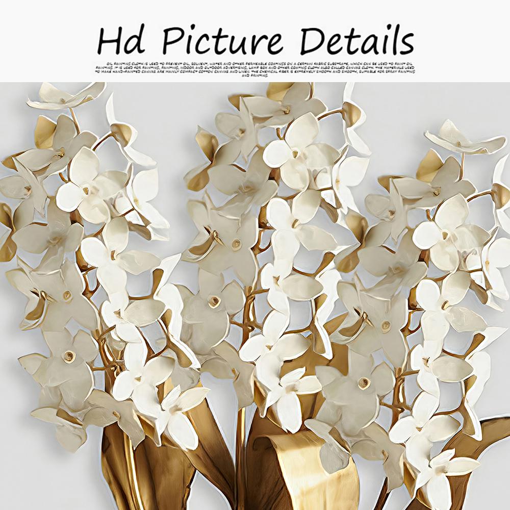 Gold Leaves, Beige Flowers, Canvas, Painting, Modern Scandinavian Plants, Wall Art Posters and Room Prints, Home Decor