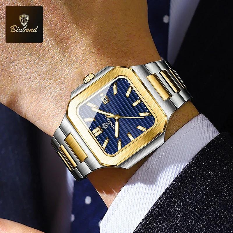 BINBOND Brand Luxury Classic Square Sport Man Wristwatch Waterproof Luminous Quartz Male Watches Stainless Steel Men Watch Reloj