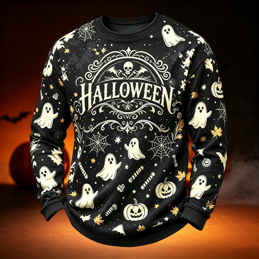 Мужской повседневный топ с круглым вырезом и длинным рукавом с принтом на Хэллоуин