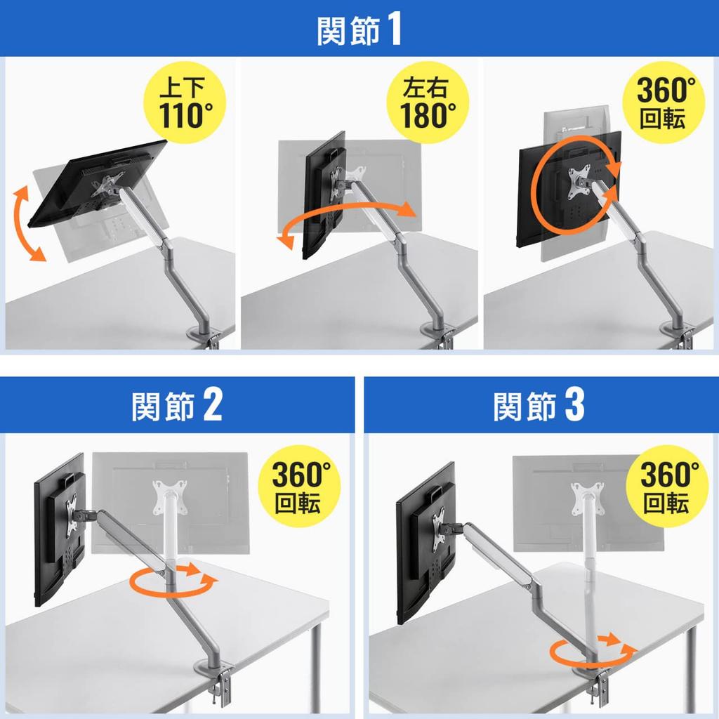 SANWA SUPPLY Кронштейн для монитора, Встроенная пружина, Грузоподъемность 2-9 кг, Регулировка по горизонтали и вертикали, Совместимость с VESA, Серебристый, LA1901