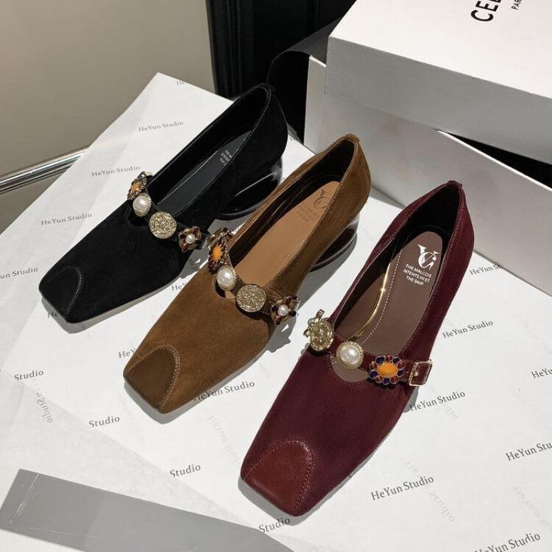 Fashion Beaded Mary Janes Shoes Women High Heels Retro Suede Loafers 2024 Trend Autumn Elegant Dress Chunky Pumps Luxury Zapatos Mujer