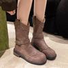 Fashion Autumn V-rivet Belt Buckle Ankle Boots 2024 Warm English Heel Plus Fleece Knight Vintage Boots