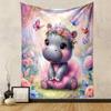 Cute Hippo Princess in Floral Garden Patterned Tapestry Decorative Wall Hanging, Home Bedroom Living Room Decor