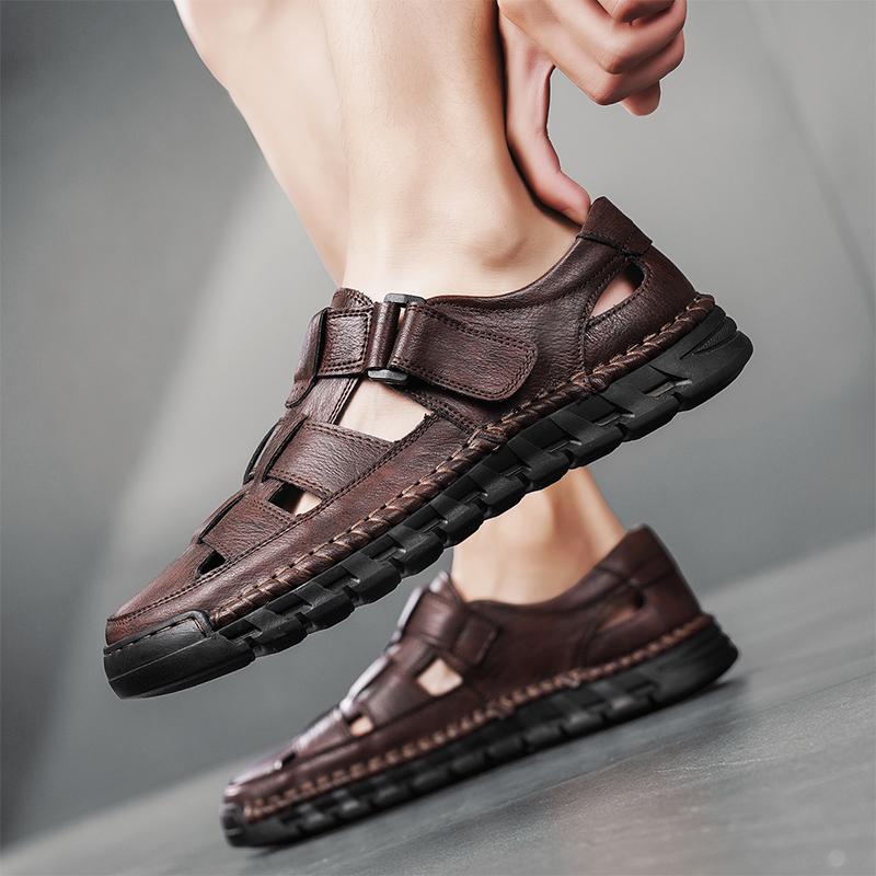 Модные мужские сандалии Кожаные дышащие мужские повседневные туфли Летние нескользящие классические римские сандалии Шлепанцы Клоги Уличная обувь для ходьбы