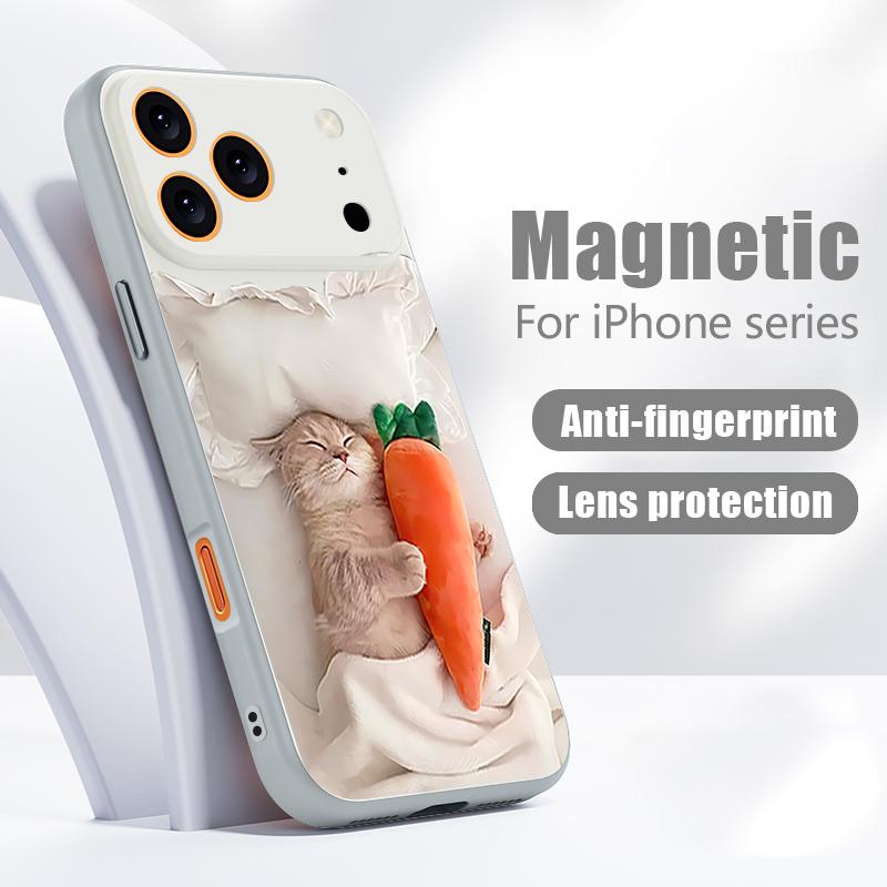 Чехол Спящий кот с узором из моркови Для iPhone 17 Pro Max Магнитный Для Magsafe Покрытие с ощущением кожи Для iPhone 16 15 14 13 Pro Max