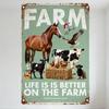 Vintage Farm Animals Metal Tin Sign - Rustic Worn Countryside Decoration with 'FARM' & 'LIFE IS BETTER ON THE FARM' Text for Hom