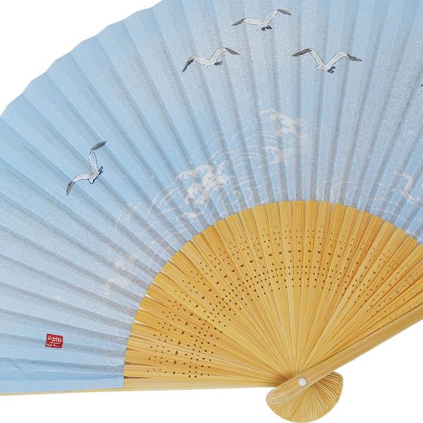 kimono folding white medium light blue [Fashionable Iroha] Men's fan, bamboo, carving, scented, seagull,
