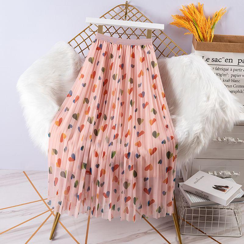 Женская тюлевая юбка с милым принтом Love, элегантная летняя женская эластичная сетчатая плиссированная юбка с высокой талией, модная юбка-миди