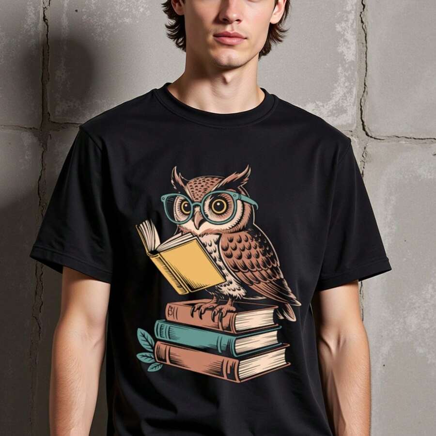Unisex 's & Teens Smart Owl Reading Books Graphic T-Shirt - Black Shirt With Brown/Teal Owl Design