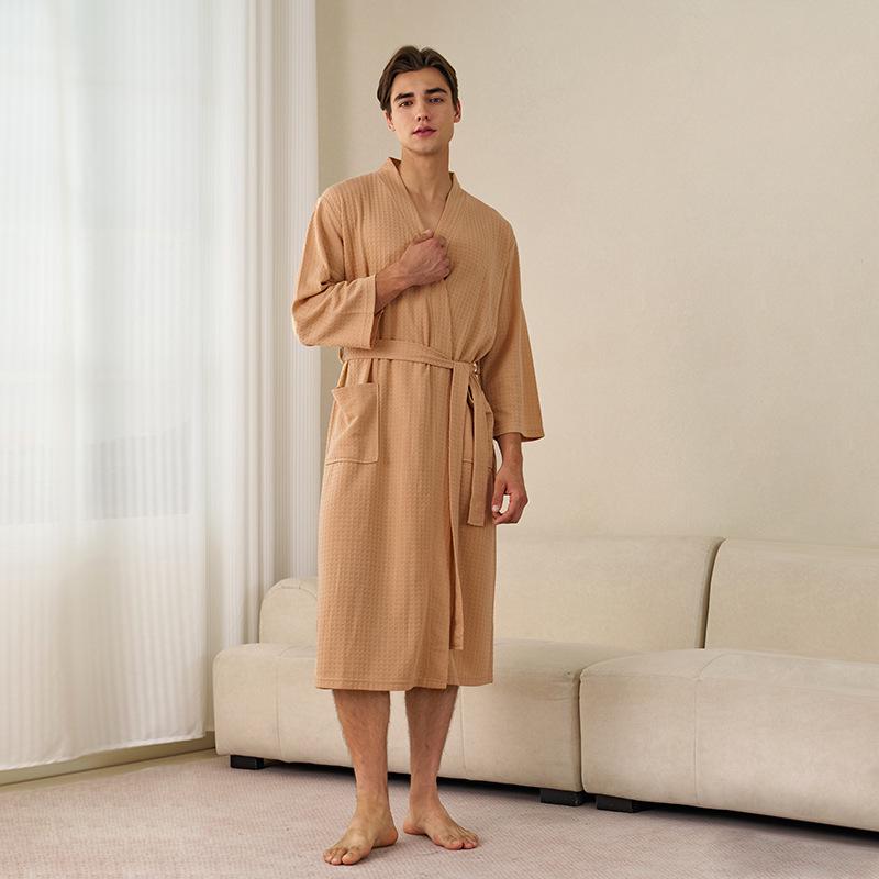 Spring-Summer Waffle Bathrobe: Unisex, Lightweight, 3/4 Sleeves, Korean Style, Absorbent