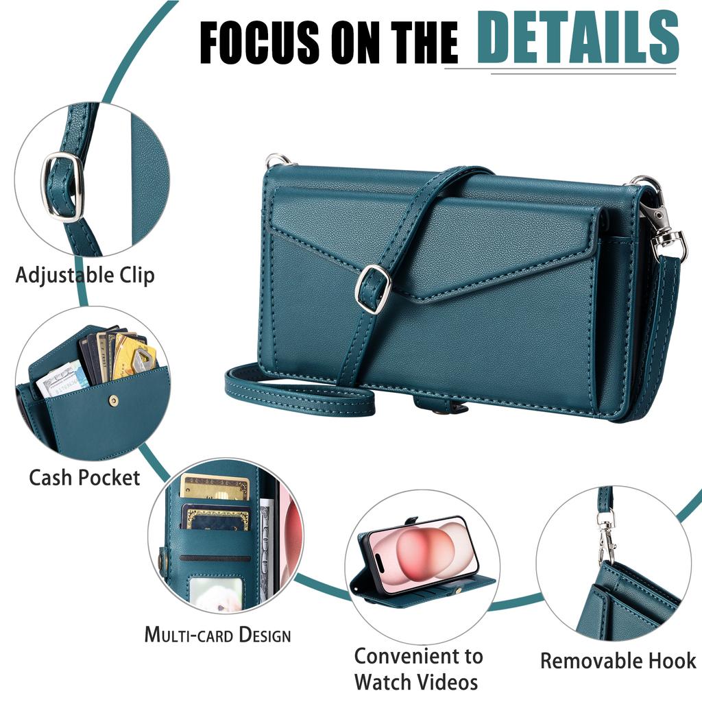 Кожаный чехол-кошелек со стендом для iPhone 16 Plus с ремешками