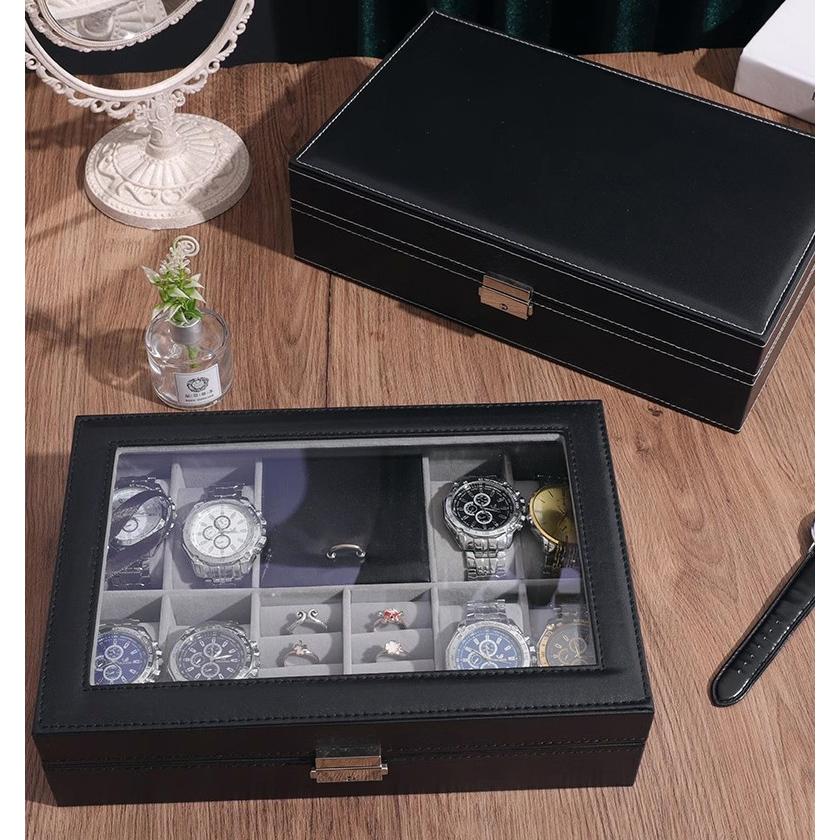 8 Slot Watch Box Cases Jewelry Storage Box Organizer for Men Women PU Leather Lockable Watch Holder with Ring