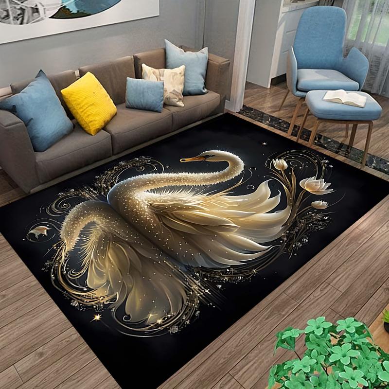 Elegant Swan Design Black and Gold Carpet with Floral Accents Suitable for use as an anti-slip for living room bedroom sofas