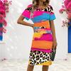 Women Plus Size Round Neck Short Sleeve Printed Light Pink Fitted Midi Dress