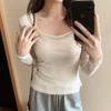 Low-necked Inner-shoulder Long-sleeved T-shirt for Women In Summer, Sexy Hottie Slightly See-through Bottoming Shirt, Slim Fit and Versatile Top