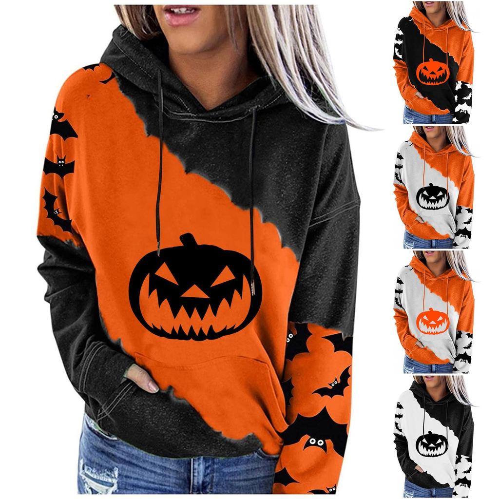 Women's Casual Fashion Halloween Print Long Sleeve Pullover Hooded Top