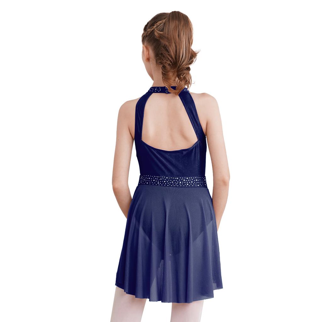 Girls Dance Performance Dress Sleeveless Mock Neck Shiny Rhinestones Decorated Cutout Back Leotard