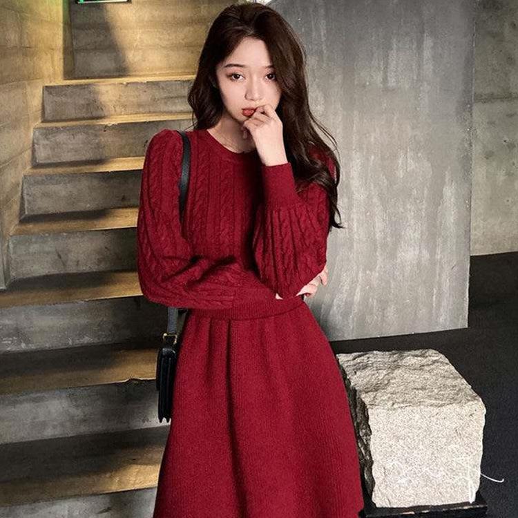 Autumn and Winter Women's Knitted Dress Waisted New Year's War Dress Round Neck Bottoming Twist Sweater Skirt