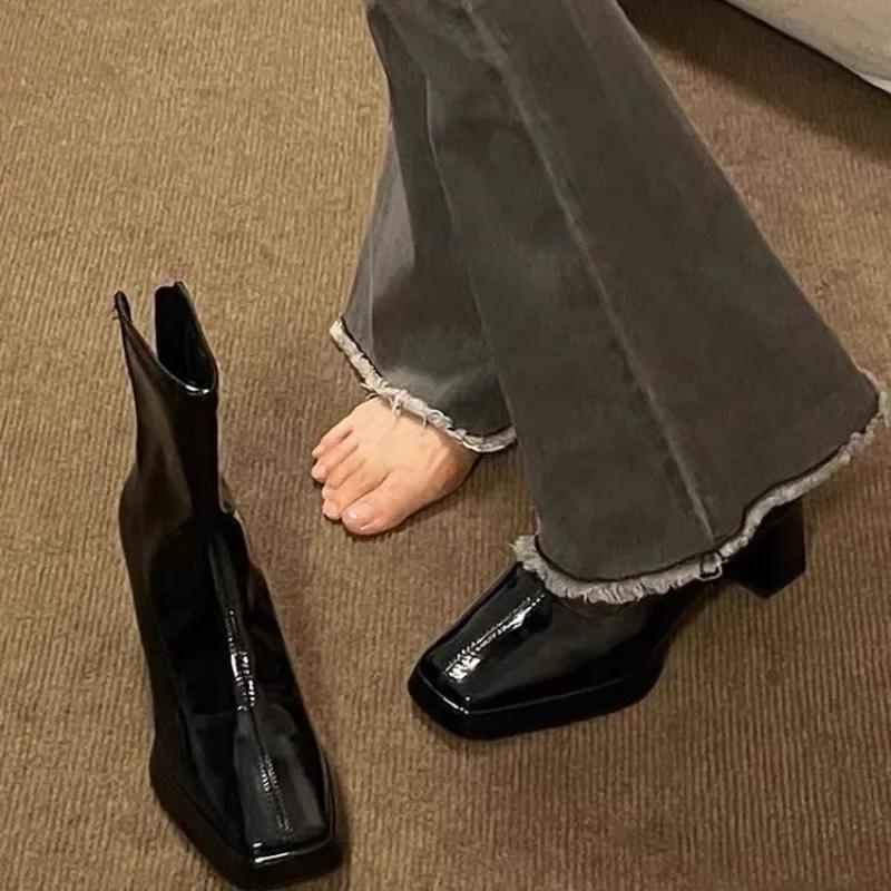Fashion 2024 New Fashion Patent Leather Ankle Boots Trendy Zipper Design Womens Casual Dress Party Black Sexy High Heel Zapatillas Mujer