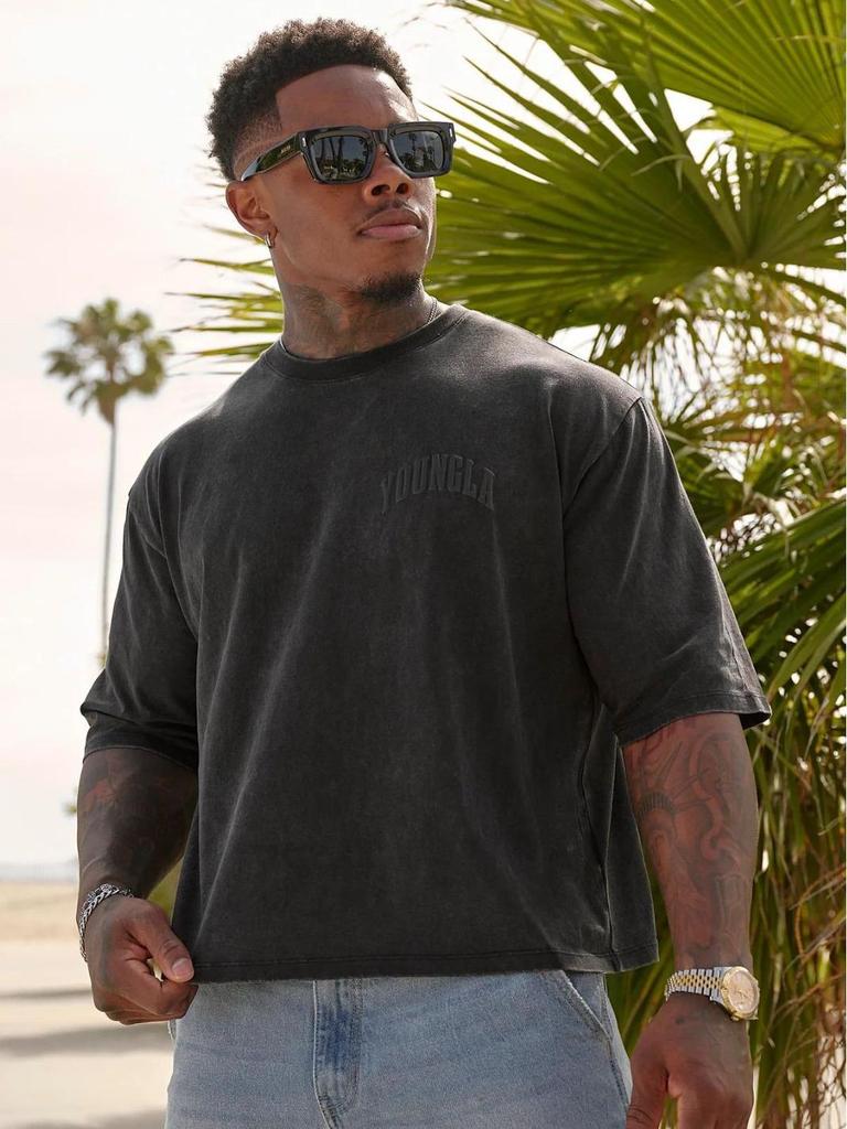 YOUNGLA Men's Oversized Puff Print Cotton T-Shirt - Short Sleeve, American Sport Casual Fit