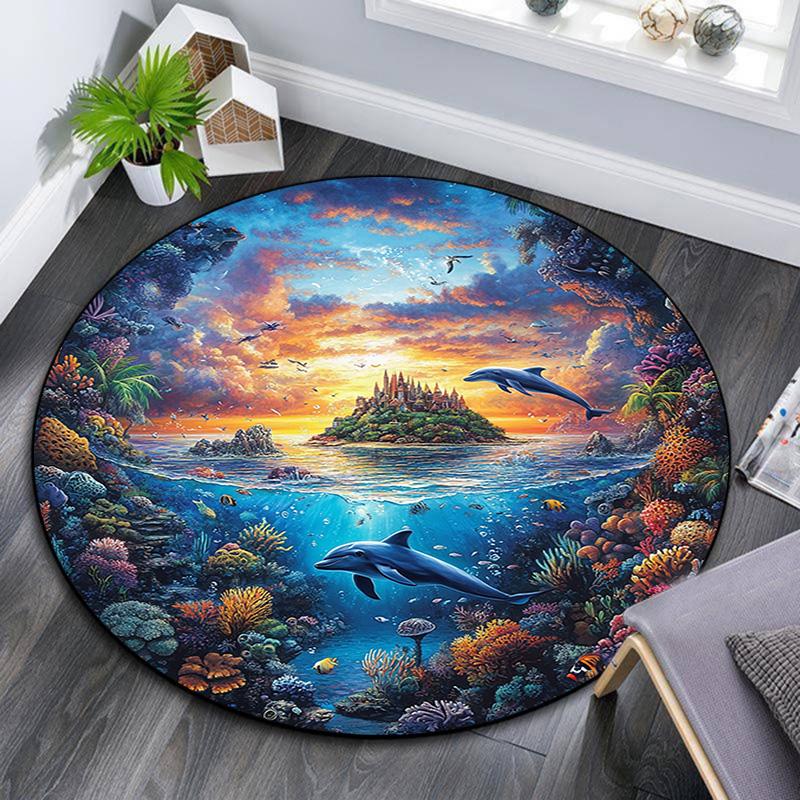 Dolphins Coral Round Area Rug,Carpet Rug for Living Room Bedroom Sofa Playroom Decor,Non-slip Floor Mat
