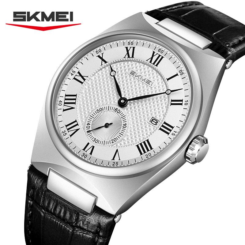 SKMEI 9390 Roman Scale Calendar Watches for Man Reloj Hombre Elegant Men's Quartz Waterproof Leather Strap Casual Business Watch