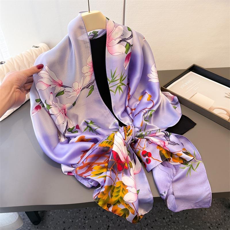 New Printing Simulation Silk Brocade Sunscreen Contrasting Color Flower Silk Scarf Long Scarf Shawl Versatile Headscarf Scarf