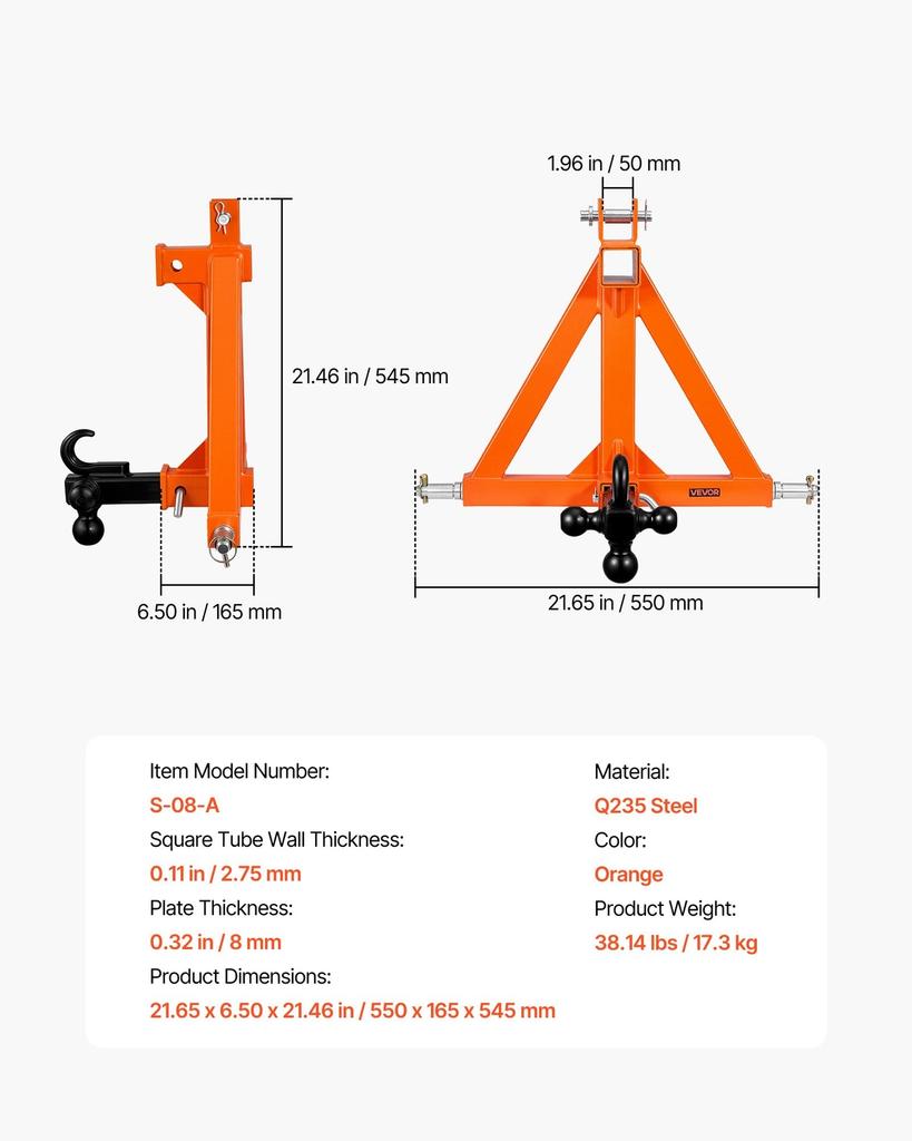 3 Point Trailer Hitch with 50.8mm Receiver, 3 Pt Quick Hitch with 3 Trailer Balls, Tractor Tow Drawbar Adapter for Category 1, Kubota, Mahindra, Ford,