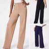 Women Pants Elastic High Waist Straight Wide Leg Pants with Pockets Buttons Decor Solid Color Slim-Fitting Tummy Control Work Trousers