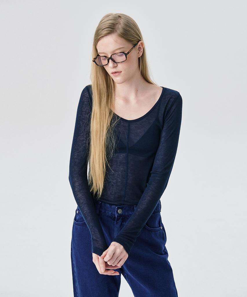 WNDERKAMMER U-Neck Sheer T-Shirt_Navy