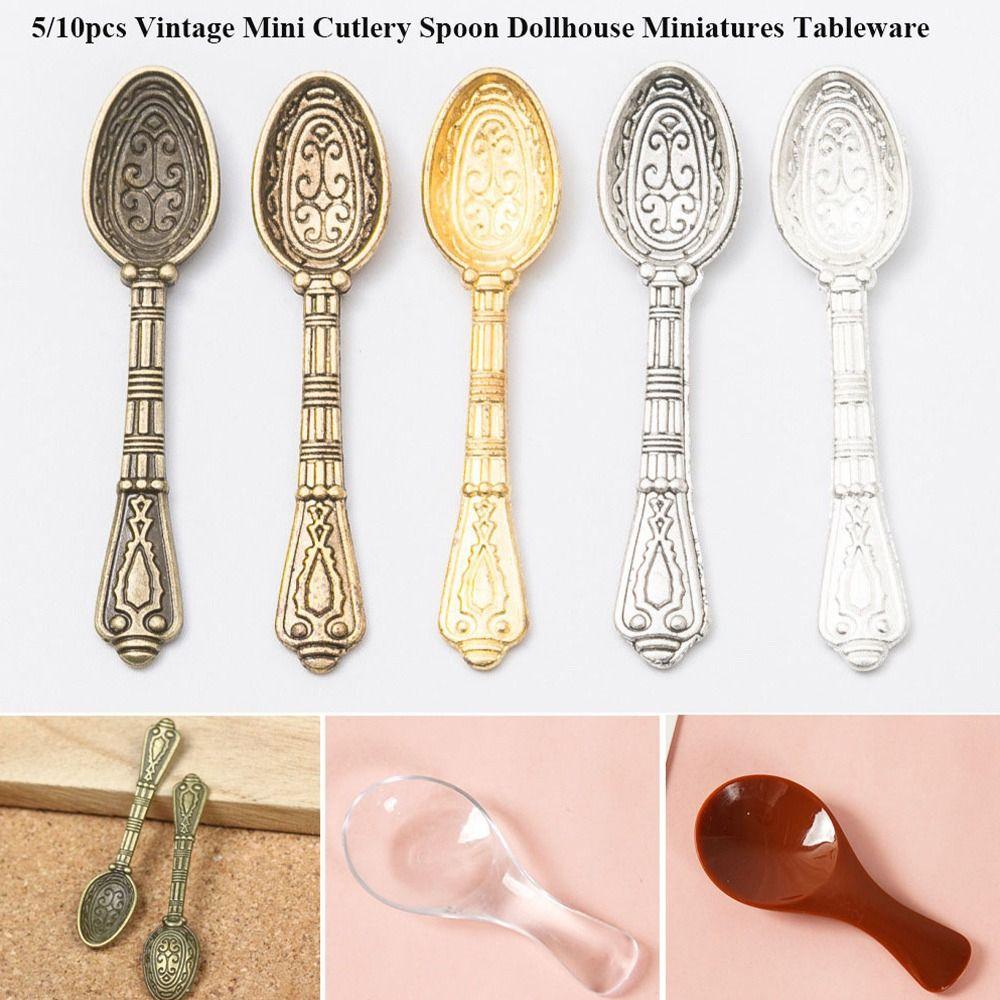 5/10pcs ABS Plastic Vintage Cutlery Spoon Mini Simulation Spoon Dollhouse Miniatures Decoration