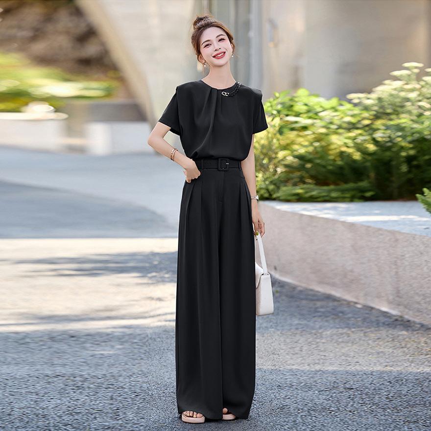 Костюм в стиле «королевская сестра», модный, женский, новый дизайн, рубашка с коротким рукавом, драпированные брюки широкого кроя, комплект из двух предметов, трендовый