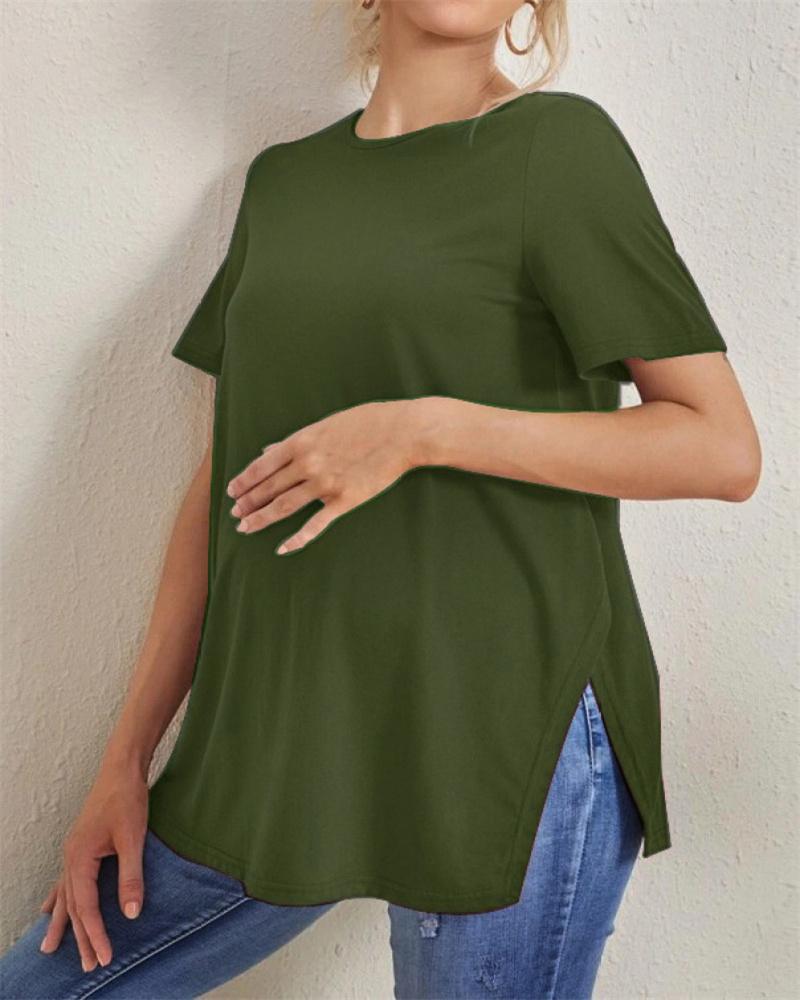 Новые повседневные однотонные топы для беременных, одежда для беременных с разрезом и сотней топов с круглым вырезом, топы с короткими рукавами