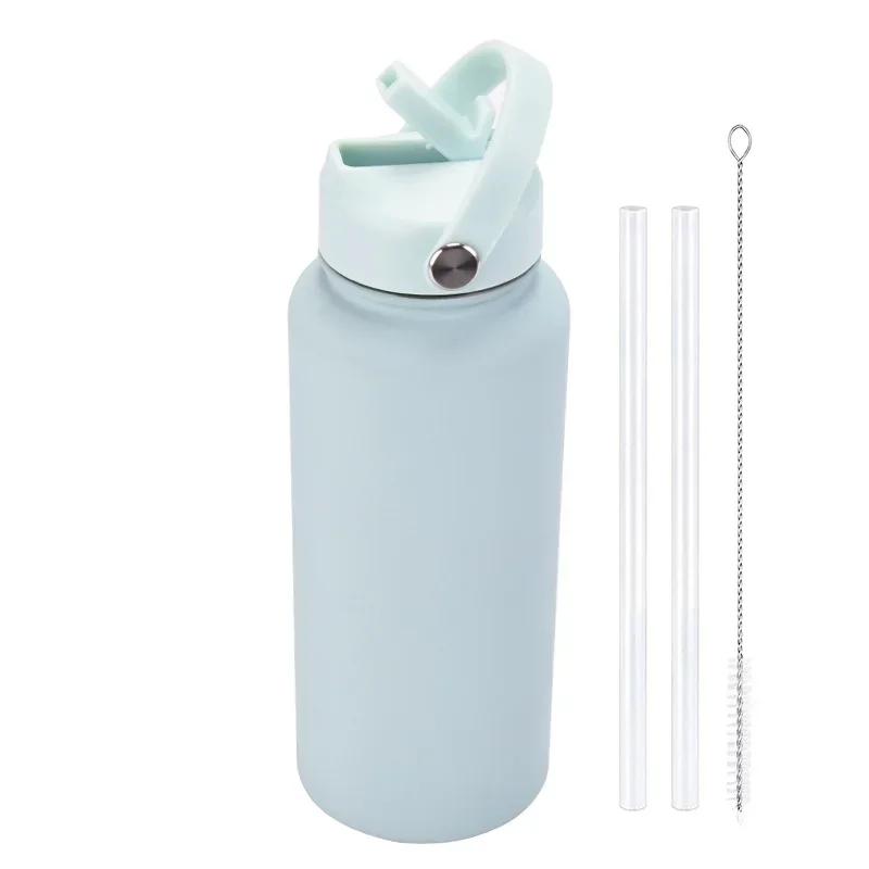 1L Sports WATER BOTTLE With Handle And Straw Stainless Steel Large Capacity Vacuum Flasks Drinkware Large Mouth GymThermos CUP