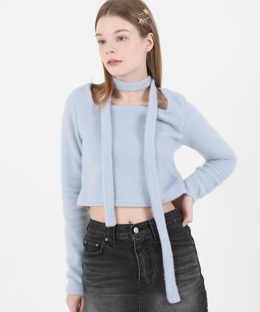 CATTLINE Square Neck Fur Knit T-Shirt & Scarf Set (Sky Blue)