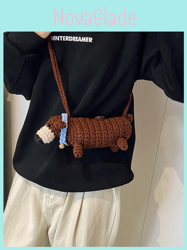 Childrens Cartoon Dachsund Handwoven Shoulder Bag With Phone Pocket For Casual Outings