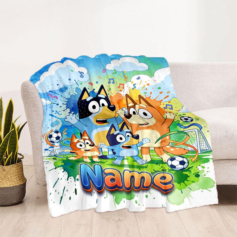 Bluey Soccer Fun Customize Your Name Blanket Gift Personalized Blanket Ultra-Soft Great for Home Decor Office Chair Office Nap Four Seasons Universal