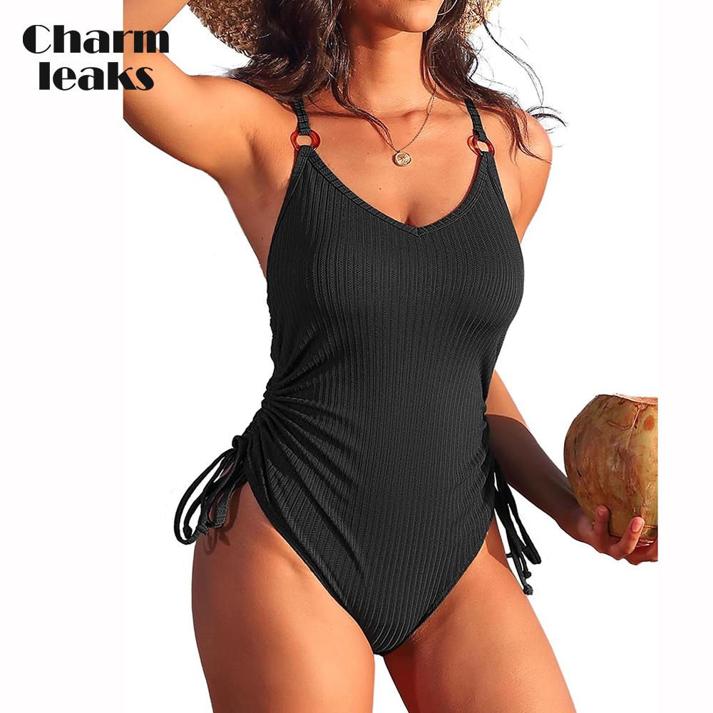 CHARMLEAKS Сплошные купальники в рубчик для женщин, регулируемые завязки по бокам, купальные костюмы с контролем живота, монокини с высоким вырезом и подкладкой
