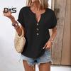 Женская рубашка с V-образным вырезом, декором в виде пуговиц, коротким рукавом, свободная рубашка, однотонная повседневная летняя футболка, повседневная одежда