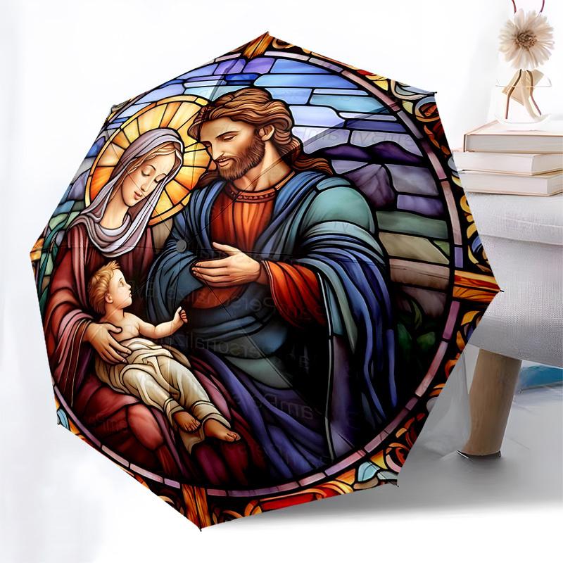 1pc Stained Glass Nativity Scene with Automatic Opening Umbrella, Portable Tri-Fold Design, 8-Bone Iron Frame Outdoor Umbrella, Perfect Gift for Fans,
