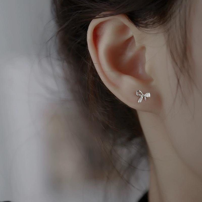 S925 Sterling Silver Bow Diamond Stud Earrings for Women Special-Interest Design High-Grade Delicate Earrings Anti-Allergy