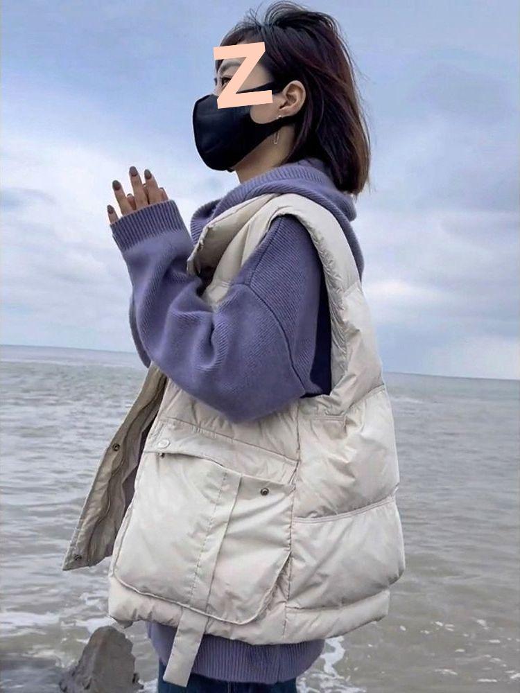 Глянцевый пуховый жилет без стирки для женщин - Осень/Зима, воротник-стойка, без рукавов, модная верхняя одежда