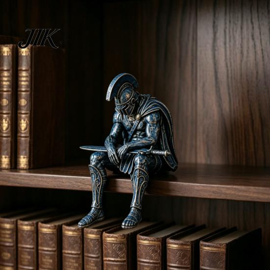 Mantelpiece Display Items Ancient Greek Warrior Shelf Sitter Statue, Sitting Soldier Figurine with Bookshelf Figurines Helmet, Historical Desktop