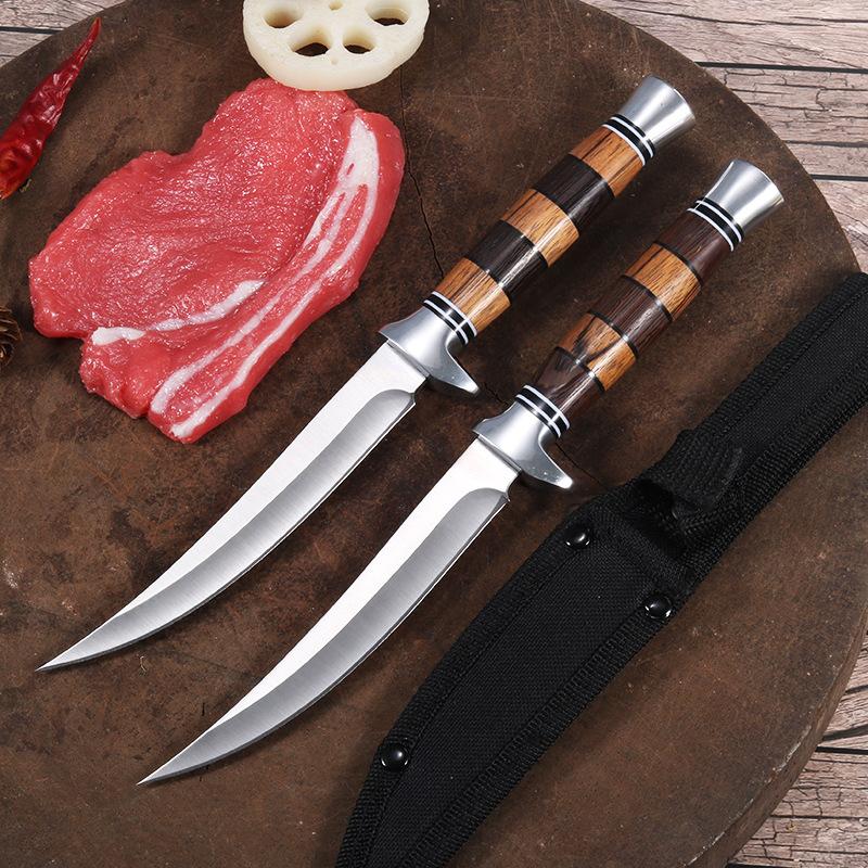 Stainless Steel Boning Knife Retro Hand Meat Knife Sharp Round Handle Mongolian Dining Knife with Knife Knife Cover