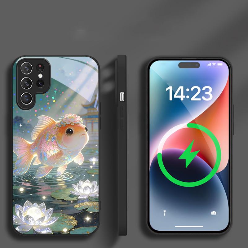 Милый золотой рыбка в белой вуали Подходит для Samsung Galaxy S25 Ultra S20 FE S21 S22+ S23 Plus S24 S26 Edge магнетизм Стекло Чехол для телефона