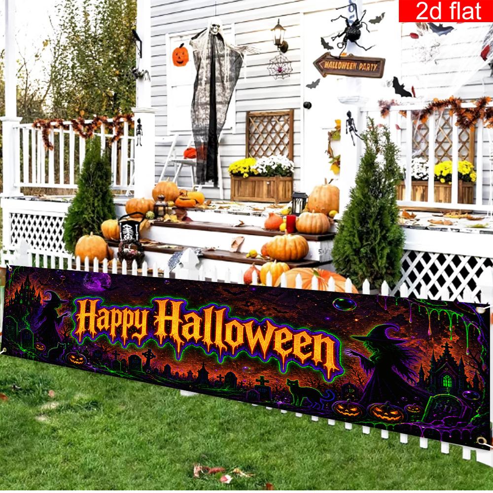 Halloween Yard Sign Party Banner, Spooky Castle Pumpkin Black Cat Pattern, Polyester Outdoor Garden Courtyard Fence Decoration