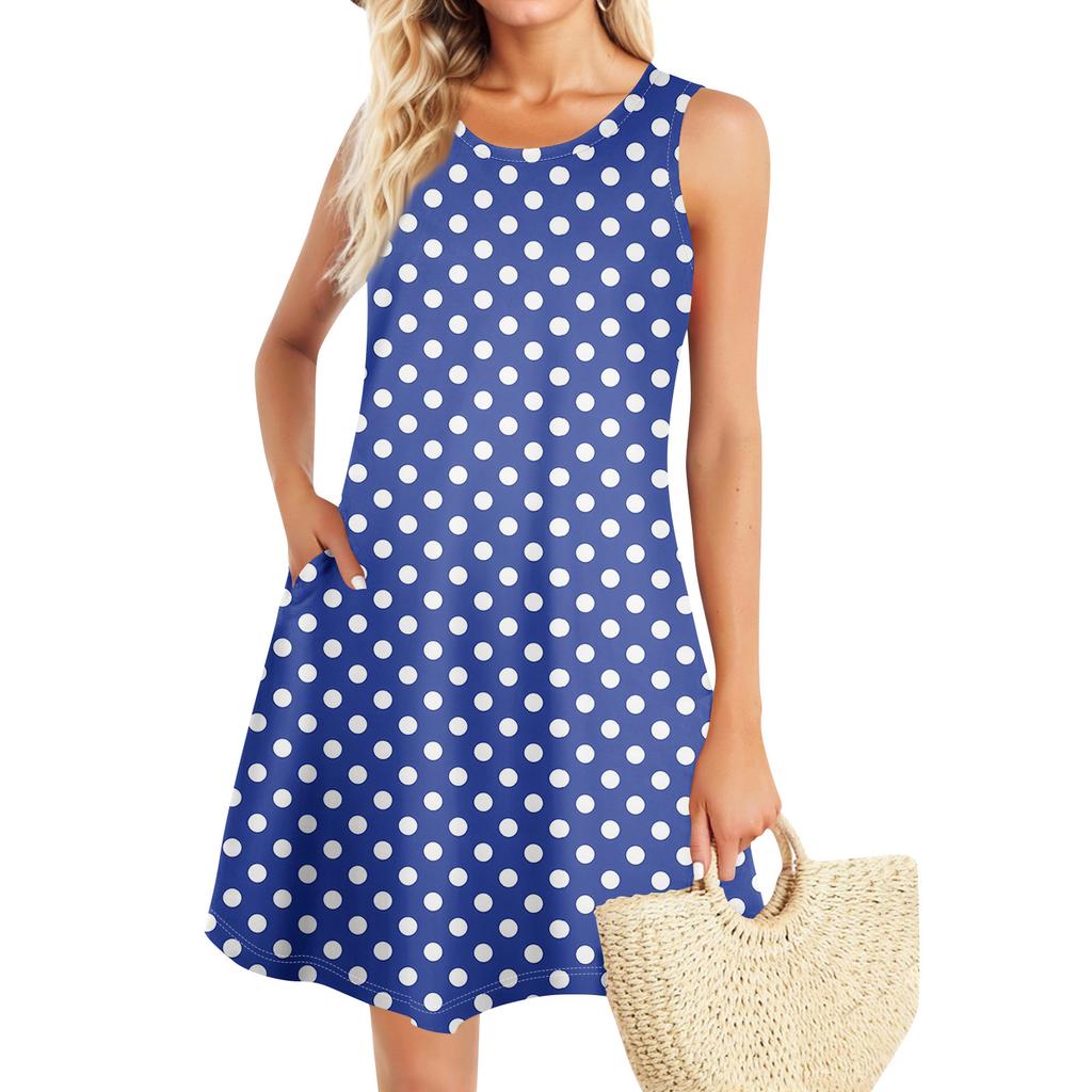 Summer Dresses For Women Beach Boho Sleeveless Vintage Printing Flowy Pocket Tshirt Tank Sundresses