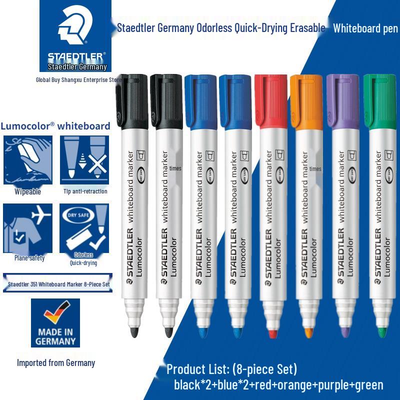 Staedtler Erasable Nontoxic Bold Tip Color Markers – Red, Blue, Black, Orange, Green, Purple (for Kids, Whiteboard Use)